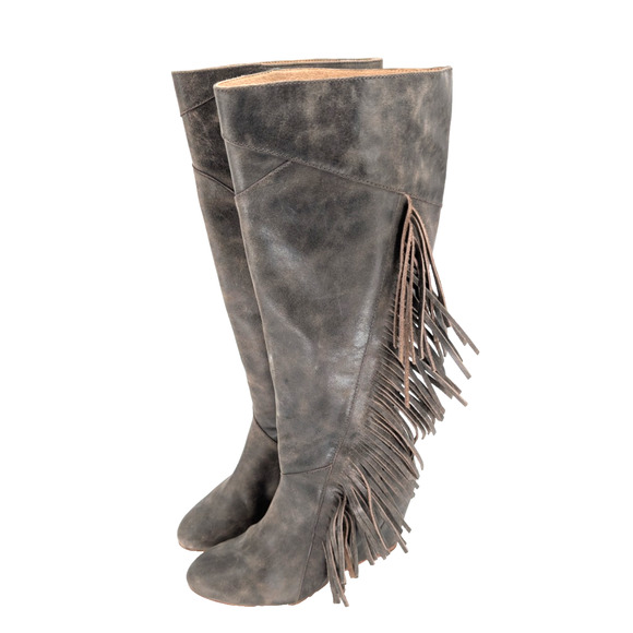 Koolaburra Ugg Womens Paradis Brown Fringe Wedge Heel Knee High Boho Boots SZ 8 - Picture 1 of 11